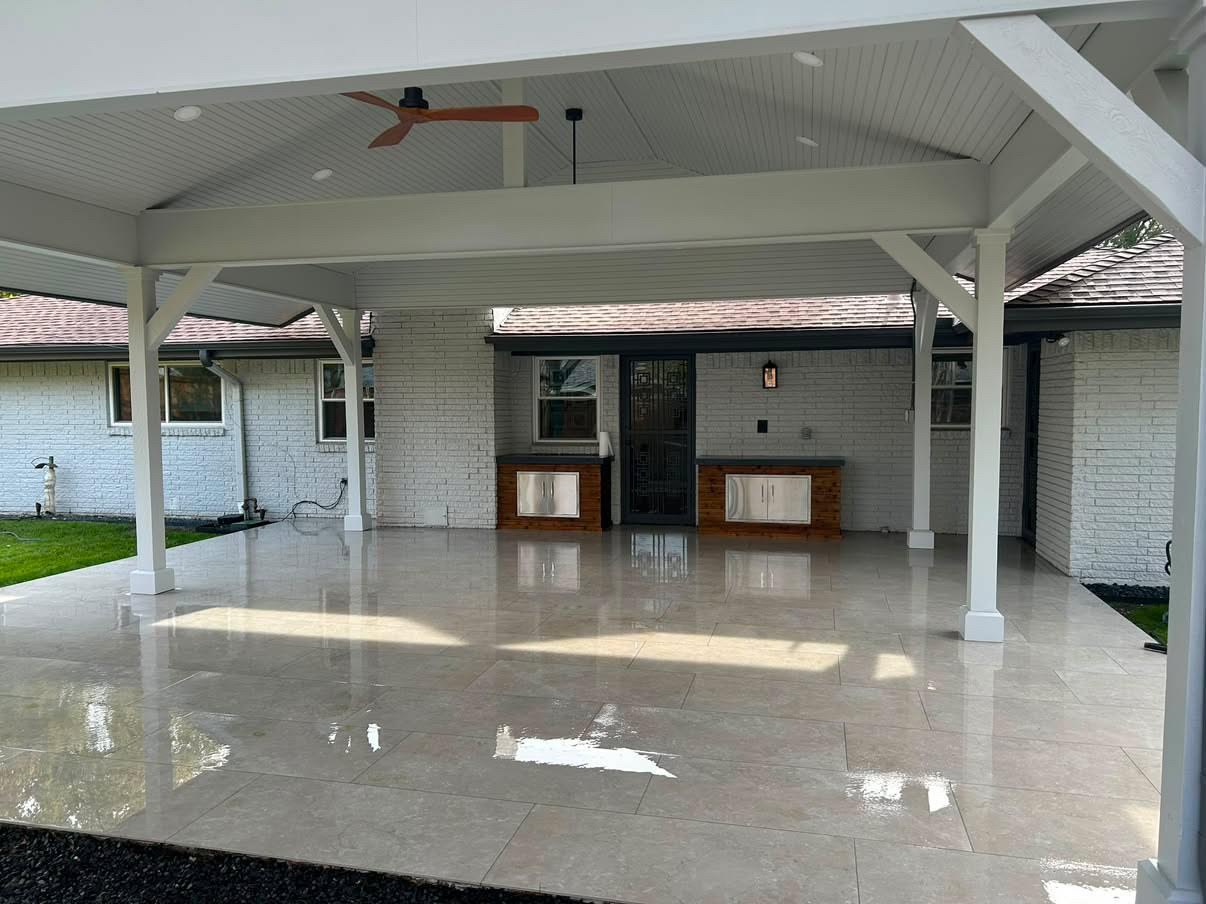 Covered patio & stone hardscape pressure washing — after
