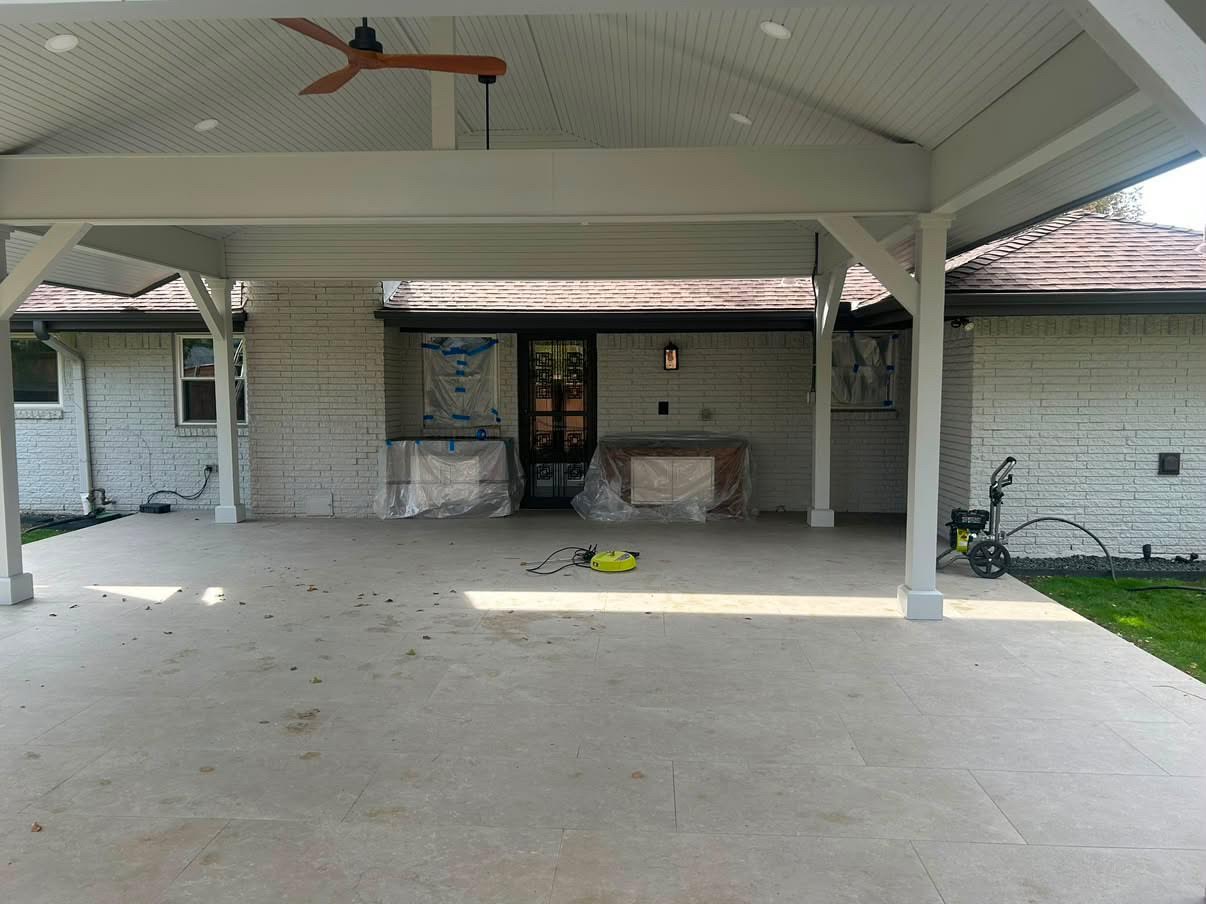 Covered patio & stone hardscape pressure washing — before