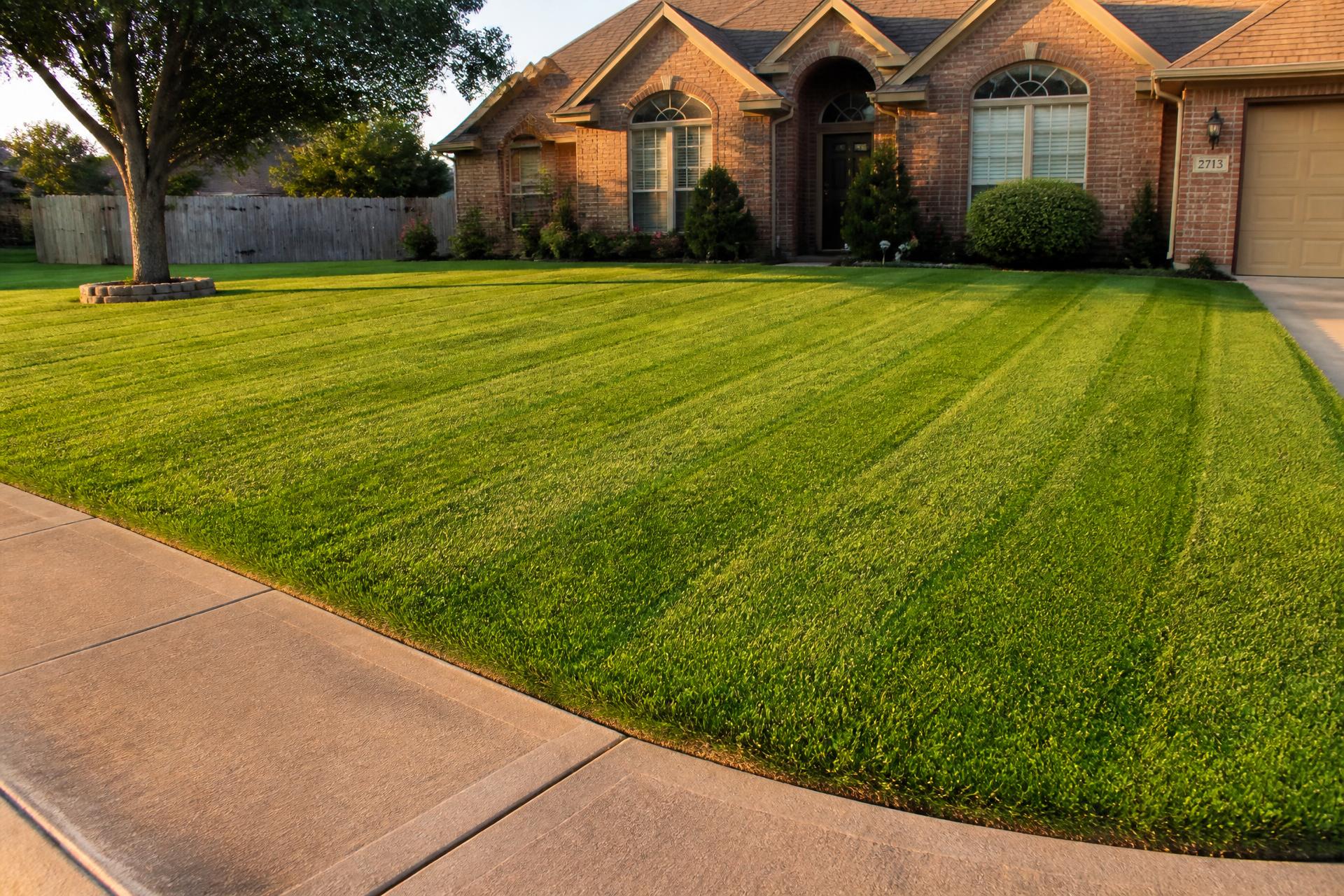 Freshly mowed striped front lawn of a Dallas brick home at golden hour